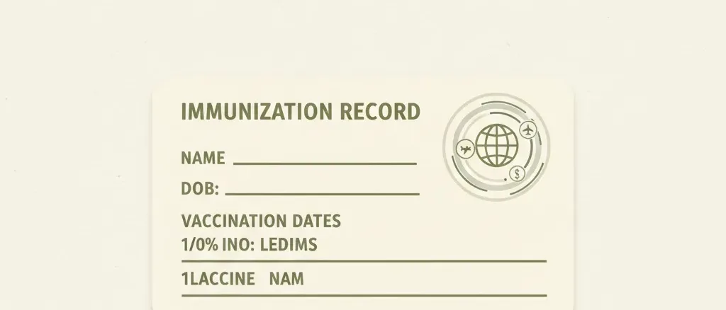 A single stylized vaccination record card on a flat surface, muted tones, flat vector illustration.