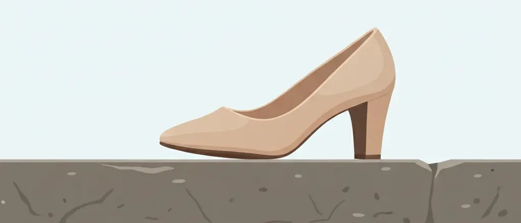 A single high-heeled shoe lying on its side on a flat stone step, viewed from a low angle, calm muted palette.