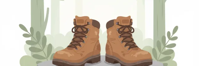 A single pair of hiking boots resting on a flat trail stone, viewed from a low angle, calm muted palette.