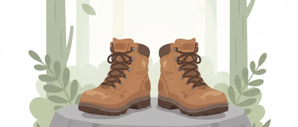 A single pair of hiking boots resting on a flat trail stone, viewed from a low angle, calm muted palette.