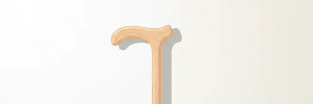 A flat vector illustration of a simple wooden cane casting a shadow on a clean floor, muted palette.