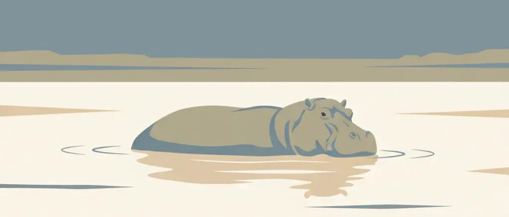 A stylized hippopotamus silhouette half-submerged in calm river water, flat vector illustration in muted earth tones.