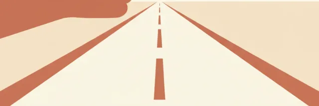 A single outstretched thumb silhouetted against a pale empty road horizon, flat vector illustration in muted tones.