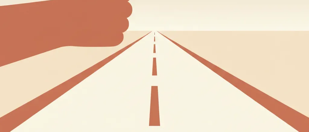 A single outstretched thumb silhouetted against a pale empty road horizon, flat vector illustration in muted tones.
