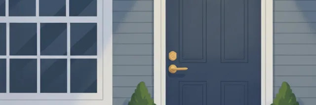 A front door with a simple lock and a welcome mat, viewed from outside at dusk, flat vector illustration in muted tones.