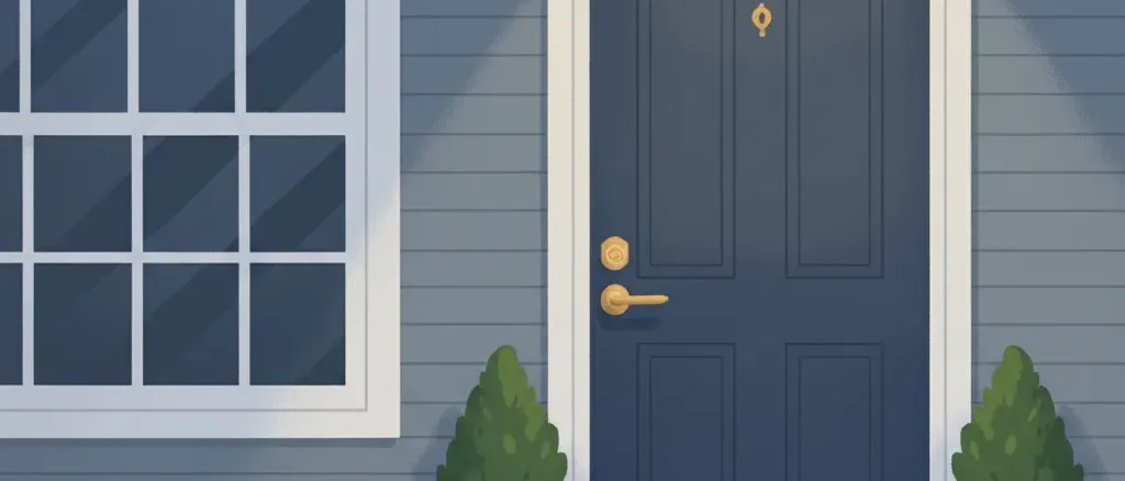 A front door with a simple lock and a welcome mat, viewed from outside at dusk, flat vector illustration in muted tones.