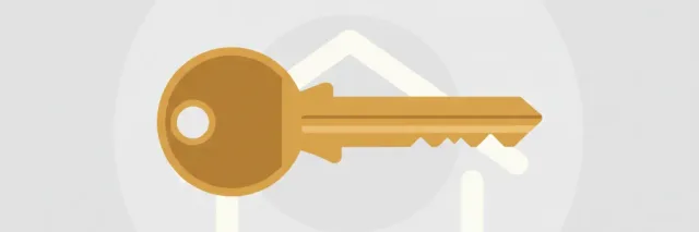 A single house key resting on a pale surface, flat vector illustration in muted tones.