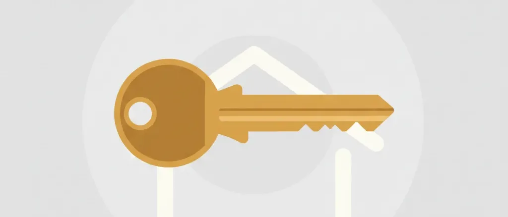 A single house key resting on a pale surface, flat vector illustration in muted tones.