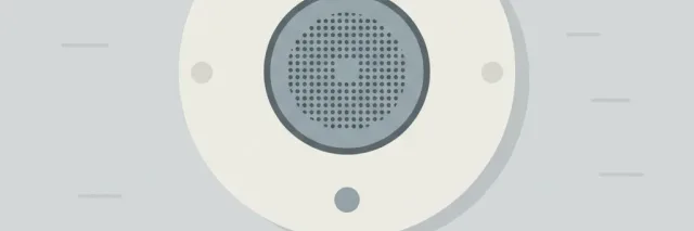 A single small white smoke alarm disc mounted on a pale grey ceiling, viewed from below, flat vector illustration.