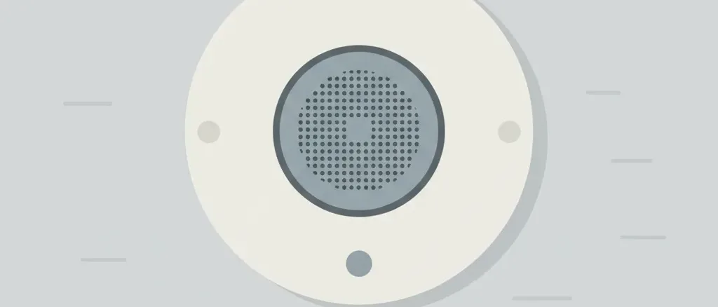 A single small white smoke alarm disc mounted on a pale grey ceiling, viewed from below, flat vector illustration.