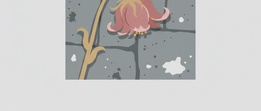A wilted flower placed on a worn stone surface, flat vector editorial illustration, muted palette.