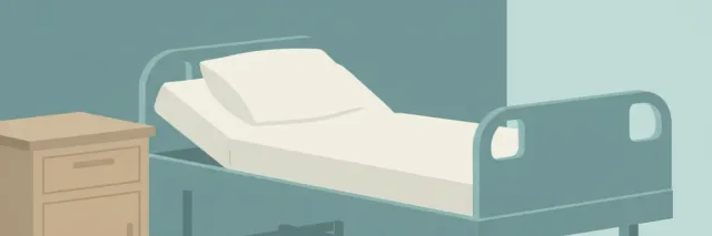 A single empty hospital bed rendered as a minimal flat vector on a muted background.