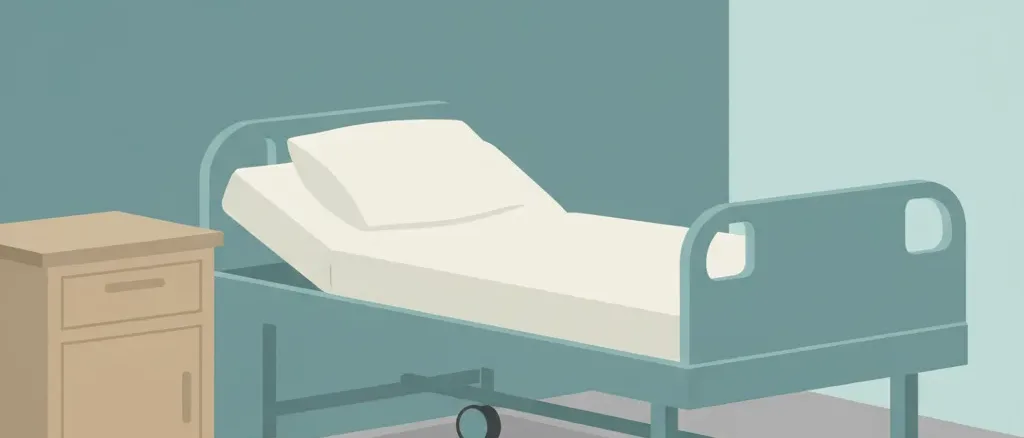 A single empty hospital bed rendered as a minimal flat vector on a muted background.
