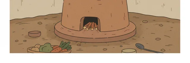 A flat vector illustration of a simple indoor cooking fire with wisps of smoke rising in a dim room, rendered in muted earth tones.