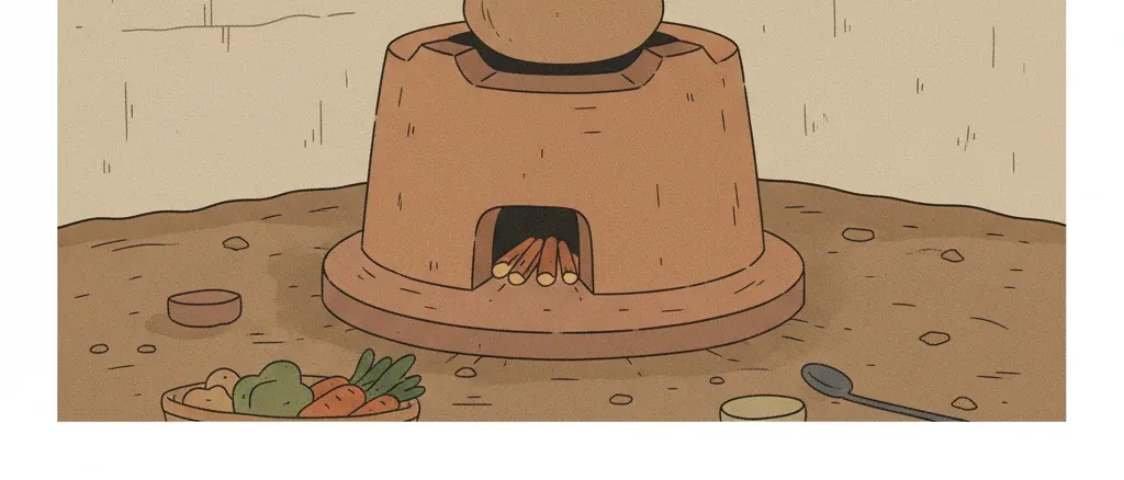 A flat vector illustration of a simple indoor cooking fire with wisps of smoke rising in a dim room, rendered in muted earth tones.