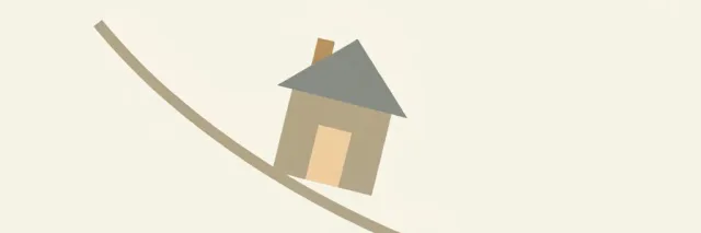 A single small house icon tilting on a downward-sloping line, muted grey and amber tones, flat vector illustration.