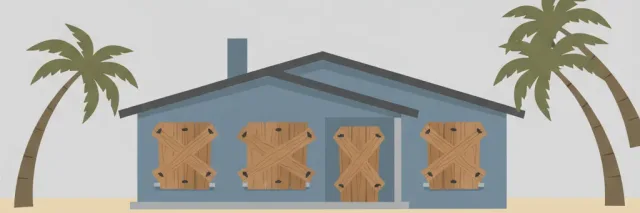 A coastal house boarded up with plywood, flat vector illustration in muted tones.