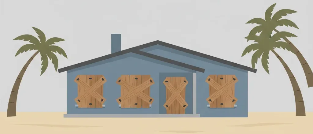 A coastal house boarded up with plywood, flat vector illustration in muted tones.
