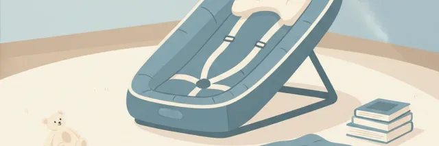 An empty inclined infant sleeper on a carpeted floor, viewed from a low angle, flat vector illustration in muted tones.