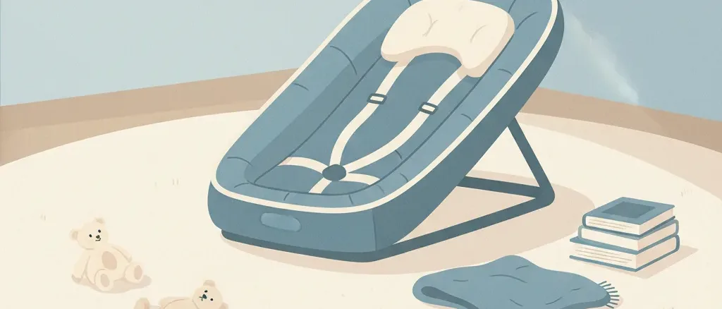 An empty inclined infant sleeper on a carpeted floor, viewed from a low angle, flat vector illustration in muted tones.