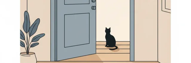 An open door with a cat silhouette visible just outside on a porch step, flat vector illustration in muted tones.