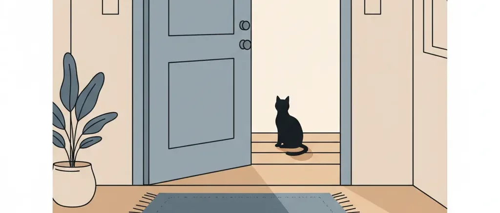 An open door with a cat silhouette visible just outside on a porch step, flat vector illustration in muted tones.