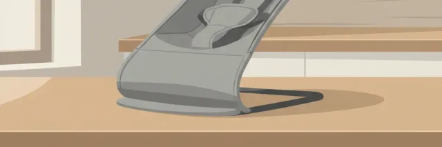 An empty infant bouncer chair placed on a wooden kitchen countertop, viewed from a low angle, flat vector illustration in muted tones.