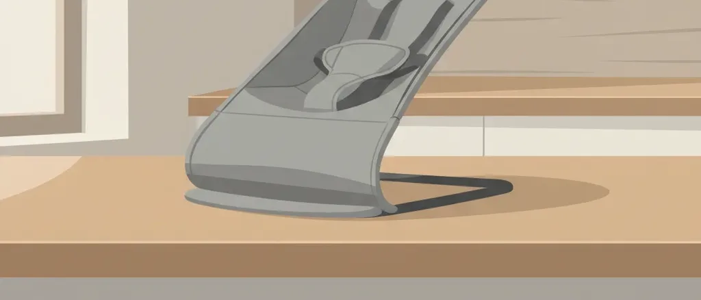 An empty infant bouncer chair placed on a wooden kitchen countertop, viewed from a low angle, flat vector illustration in muted tones.