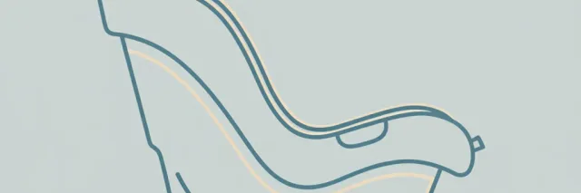 A single small empty rear-facing car seat shell in outline, viewed from the side against a pale grey-blue background, flat vector illustration.