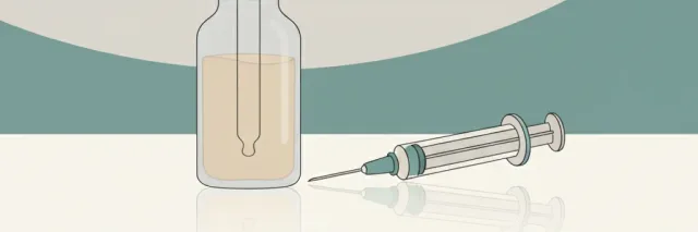 A small dropper bottle of infant medicine drops beside a vaccine syringe, flat vector illustration in muted tones.
