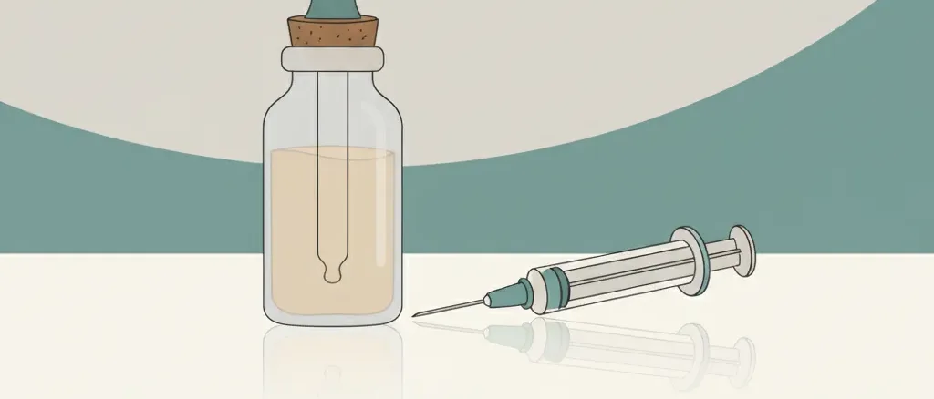 A small dropper bottle of infant medicine drops beside a vaccine syringe, flat vector illustration in muted tones.