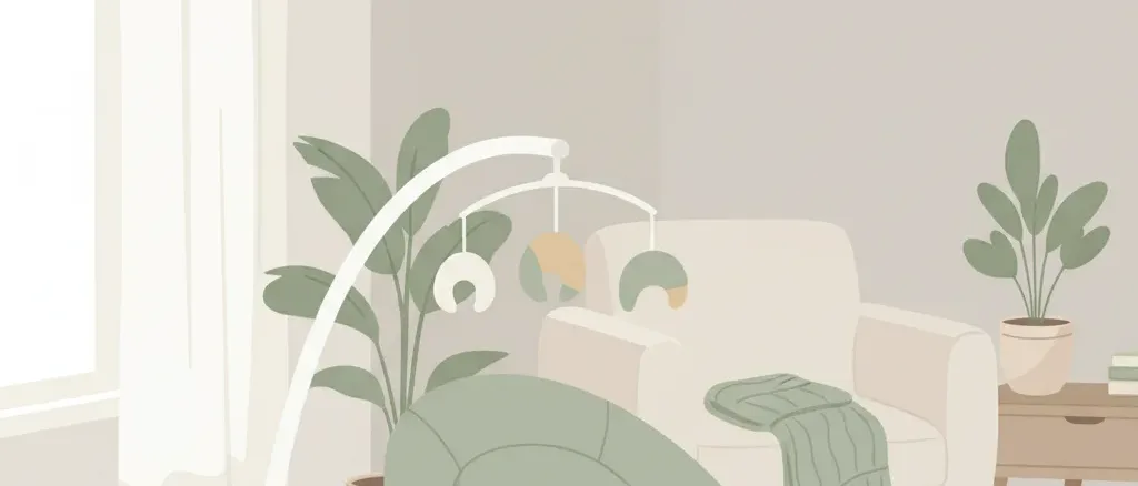 An empty modern powered infant swing in a residential room, viewed from a low angle, flat vector illustration in muted tones.