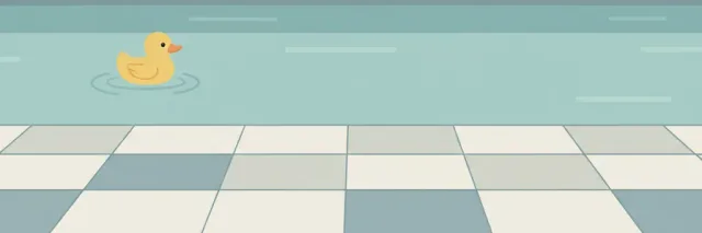 A parent holding a small toddler at the edge of a shallow pool, water calm and turquoise, flat vector illustration.
