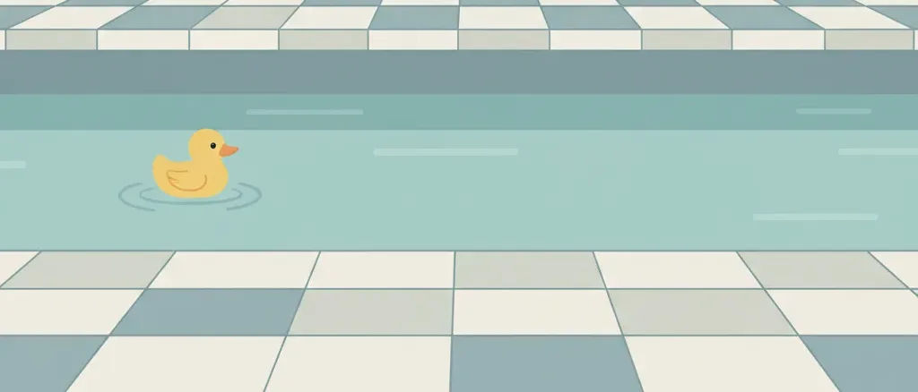 A parent holding a small toddler at the edge of a shallow pool, water calm and turquoise, flat vector illustration.