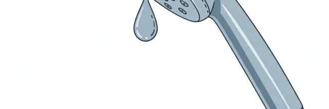 A shower head with a single water droplet hanging from it, flat vector illustration in muted blue-grey tones.