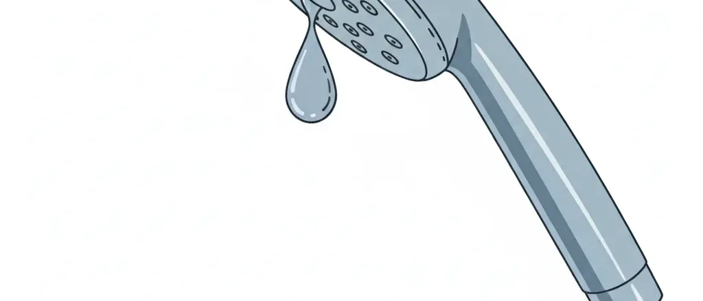 A shower head with a single water droplet hanging from it, flat vector illustration in muted blue-grey tones.