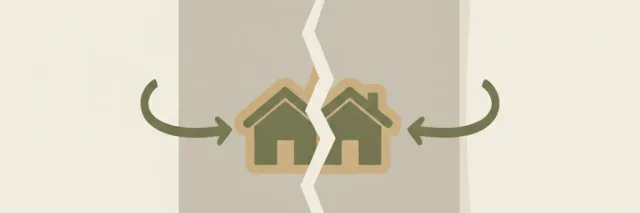 A torn legal document beside two hands pulling a house in opposite directions, muted grey and olive tones, flat vector illustration.