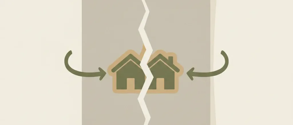 A torn legal document beside two hands pulling a house in opposite directions, muted grey and olive tones, flat vector illustration.