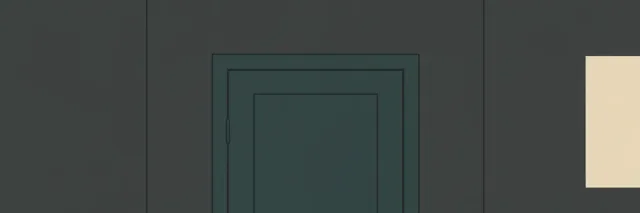 A closed door with a thin line of light underneath, flat vector editorial illustration, muted palette.
