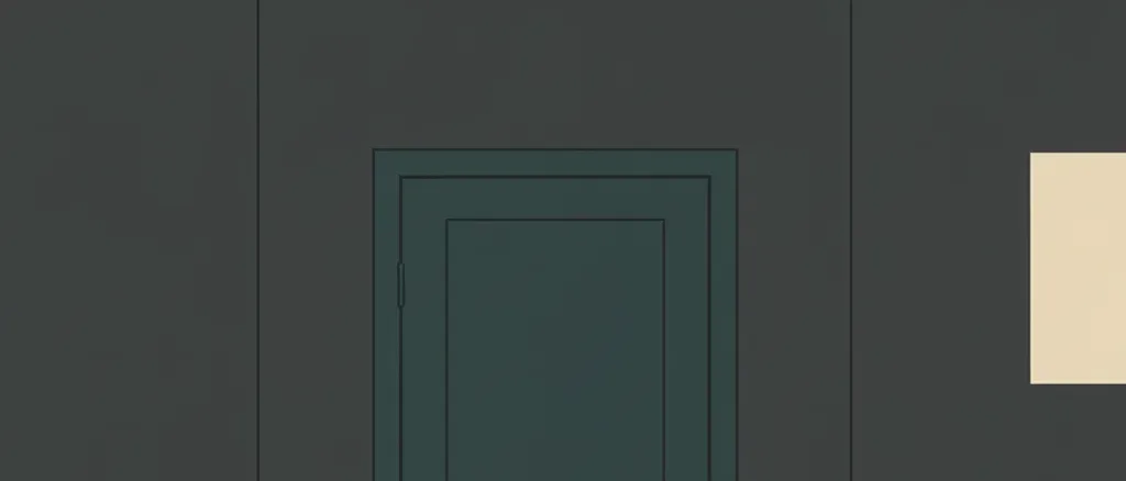 A closed door with a thin line of light underneath, flat vector editorial illustration, muted palette.