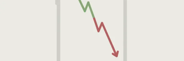 A smartphone screen showing a rising graph line that abruptly drops to zero, flat vector illustration in muted tones.