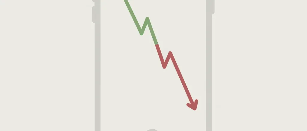 A smartphone screen showing a rising graph line that abruptly drops to zero, flat vector illustration in muted tones.