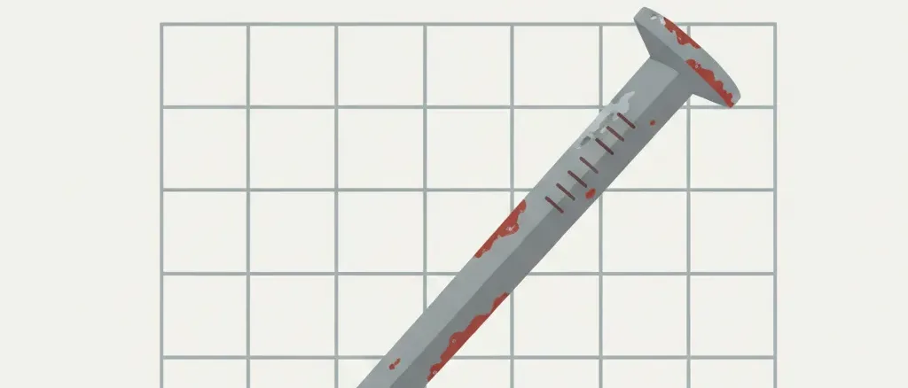 A stylized iron nail resting on a calendar page, muted red and grey flat vector illustration.