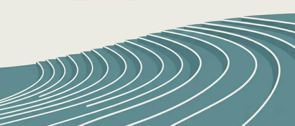 A single stylized rice-paddy silhouette with a thin crescent moon above, flat vector illustration in muted tones.