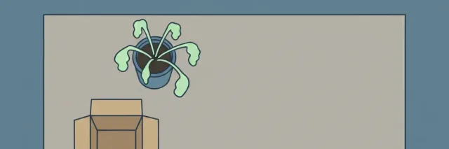 An empty office desk with a cardboard box and a wilting plant, flat vector illustration in muted tones.