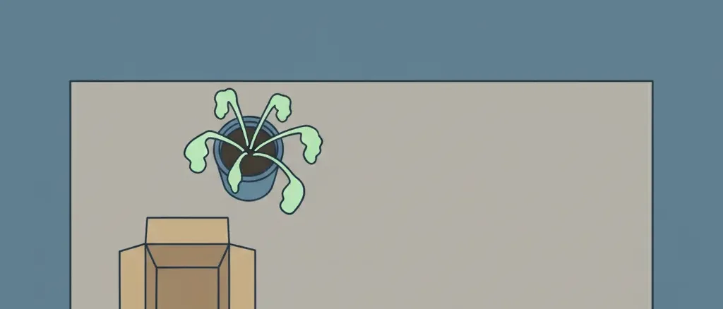 An empty office desk with a cardboard box and a wilting plant, flat vector illustration in muted tones.