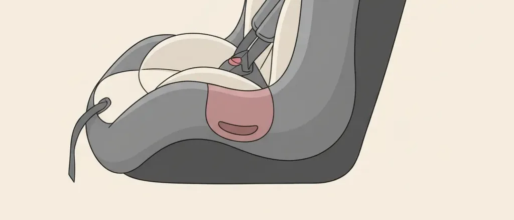A single empty child car seat on a pale background, flat vector illustration in muted tones, no vehicle, no airbag.
