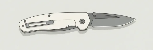 A closed folding knife resting on a grey surface, flat vector illustration in muted tones.