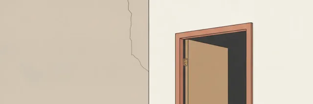 A flat vector illustration of an empty rented apartment with a small wall crack and an unpaid-rent notice on the floor, muted tones.