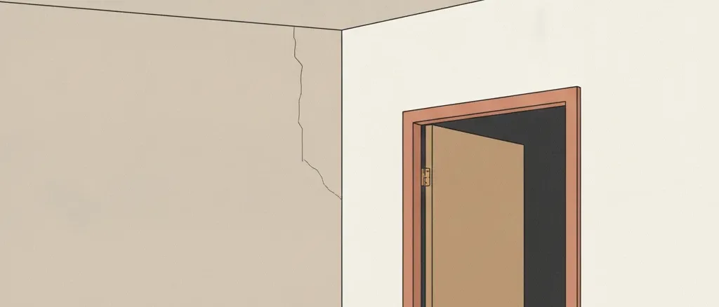 A flat vector illustration of an empty rented apartment with a small wall crack and an unpaid-rent notice on the floor, muted tones.